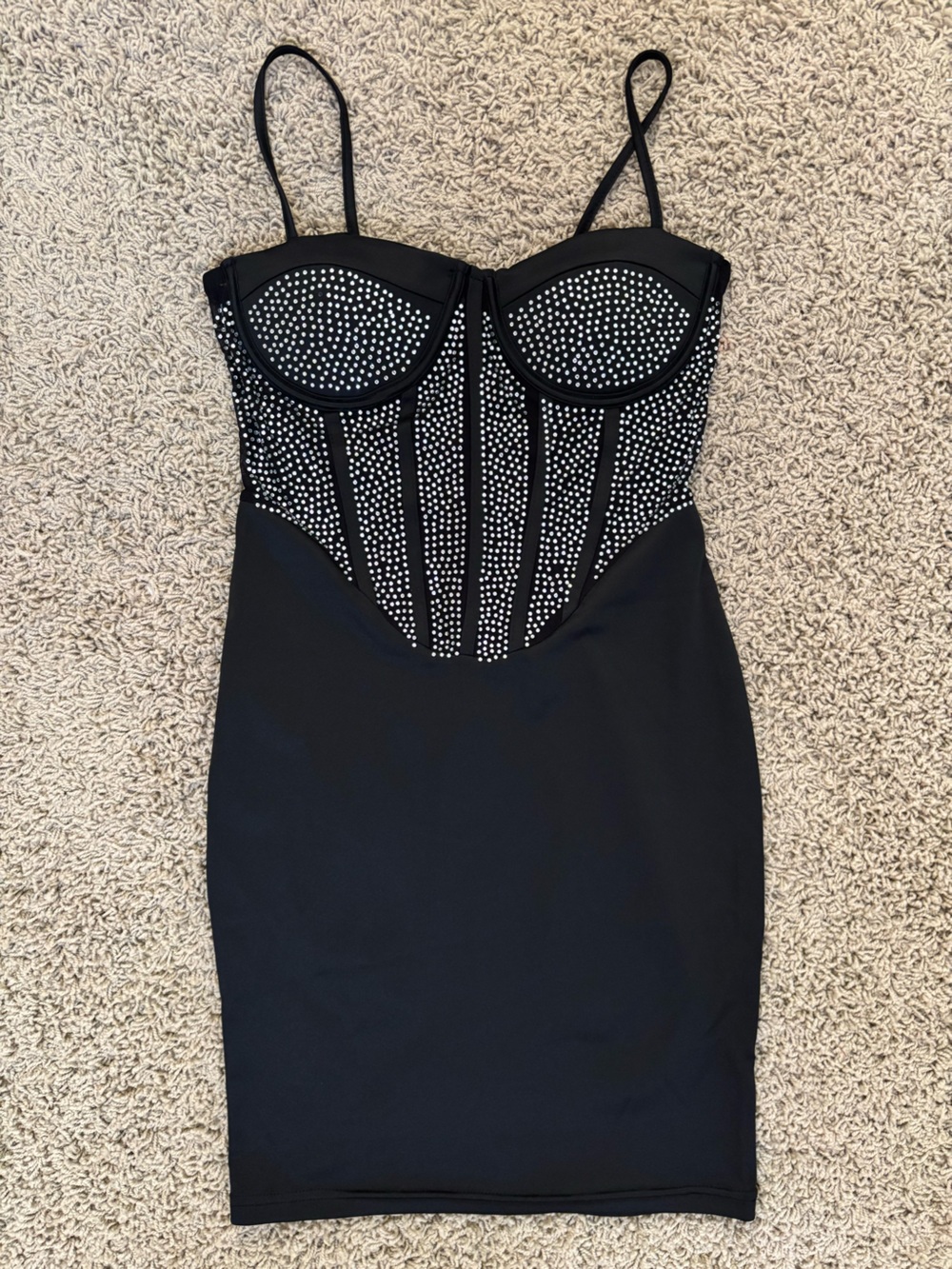 Black Embellished Bustier Bodycon Dress Spaghetti Strap Rhinestone